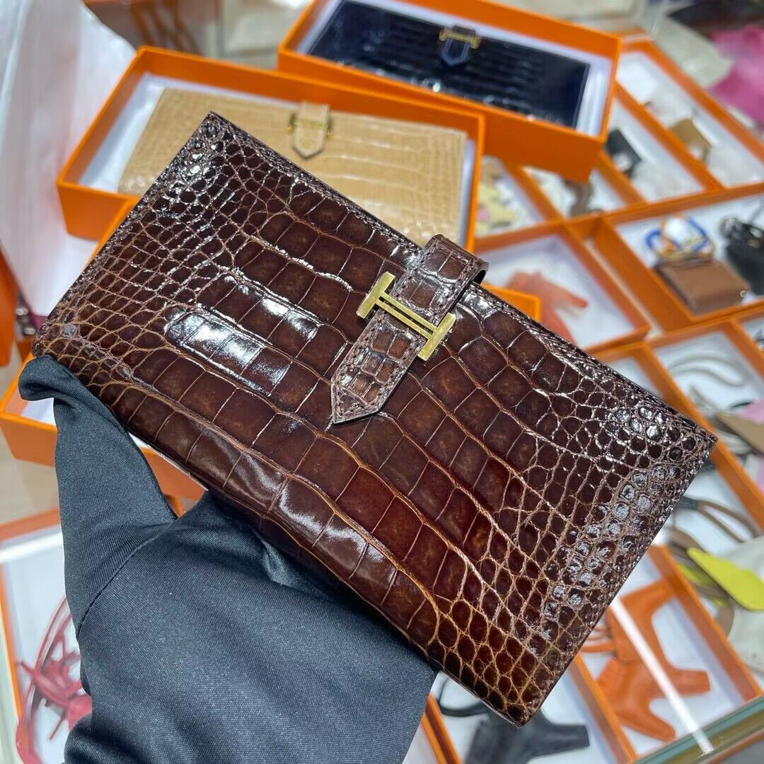 Hermes 100% genuine crocodile leather kelly Wallet 33569 Dark Brown Hermes 100% genuine crocodile leather kelly Wallet 33569 Dark Brown