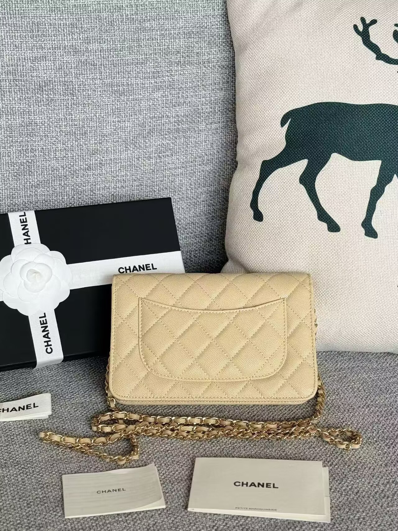 Chanel WOC Original Caviar Leather Flap cross-body bag CF33814 Beige Gold chain