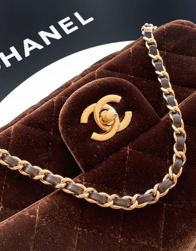 Chanel small Classic Handbag velvet AS1787 dark brown