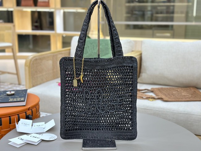 Chloe SUMMER straw and leather tote bag 0824P black