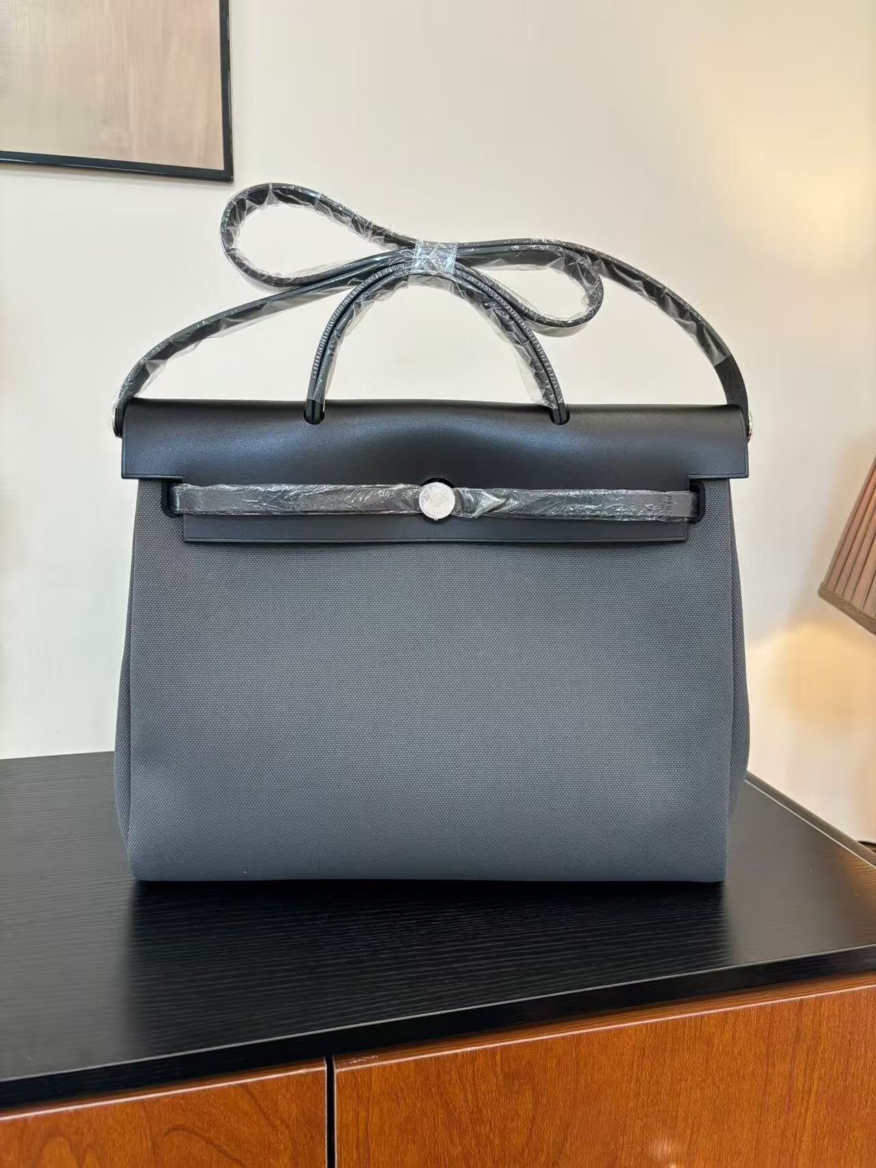 Hermes Herbag 31CM Original Canvas Leather & Calfskin 45987 Gray&Black